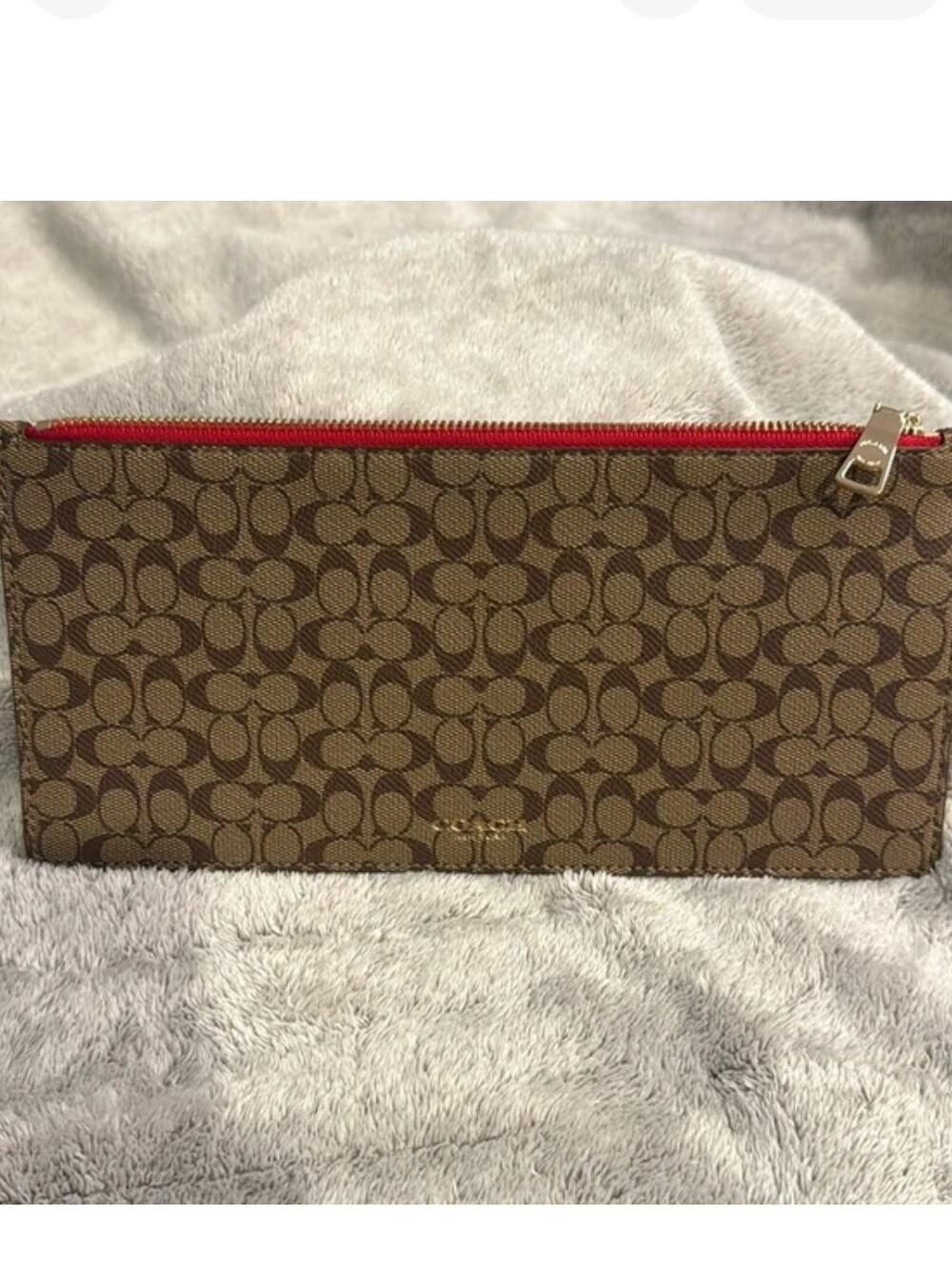 Coach Brown Signature Canvas Zip Pouch with Orange Trim